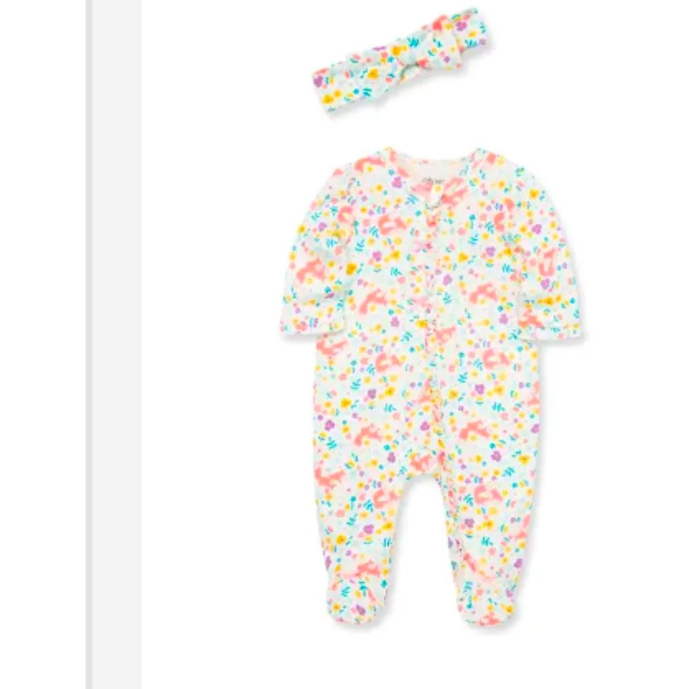 NWT LITTLE ME Fox Floral Print Footie & Headband Set